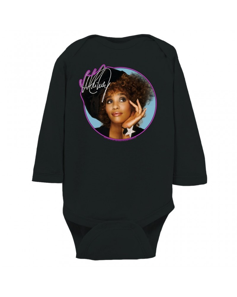 Whitney Houston Long Sleeve Bodysuit | Whitney Signature Album Photo Pink Image Bodysuit $9.83 Shirts