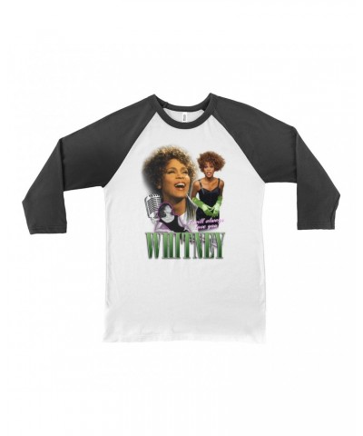 Whitney Houston 3/4 Sleeve Baseball Tee | I Will Always Love You Green Photo Collage Design Shirt $8.69 Shirts