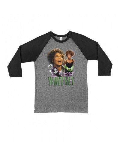 Whitney Houston 3/4 Sleeve Baseball Tee | I Will Always Love You Green Photo Collage Design Shirt $8.69 Shirts