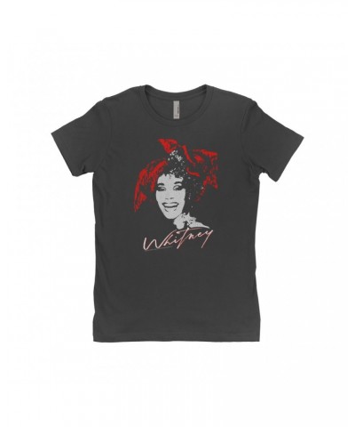 Whitney Houston Ladies' Boyfriend T-Shirt | 1987 Red Scarf Photo Design With Logo Distressed Shirt $8.90 Shirts