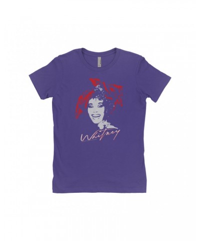 Whitney Houston Ladies' Boyfriend T-Shirt | 1987 Red Scarf Photo Design With Logo Distressed Shirt $8.90 Shirts